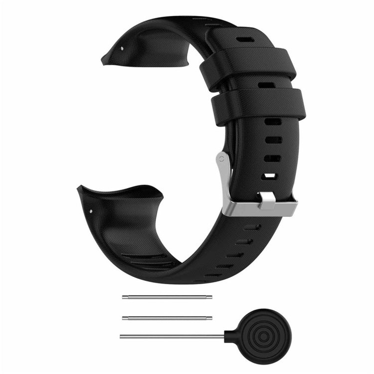 Black smartwatch band set with two strap ends and adjustment buckle hardware pieces.
