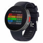 Navy smartwatch band with vented strap and buckle, shown with a dark watch display.