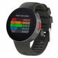 Gray silicone smartwatch band with vented strap and buckle, shown with a dark watch display.