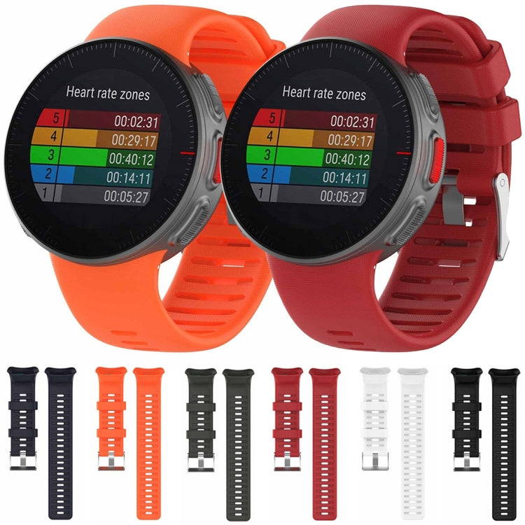Assorted silicone smartwatch bands in black, orange, red, and white with pin buckles
