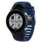 Silicone watch band in dark blue with smartwatch face showing training features