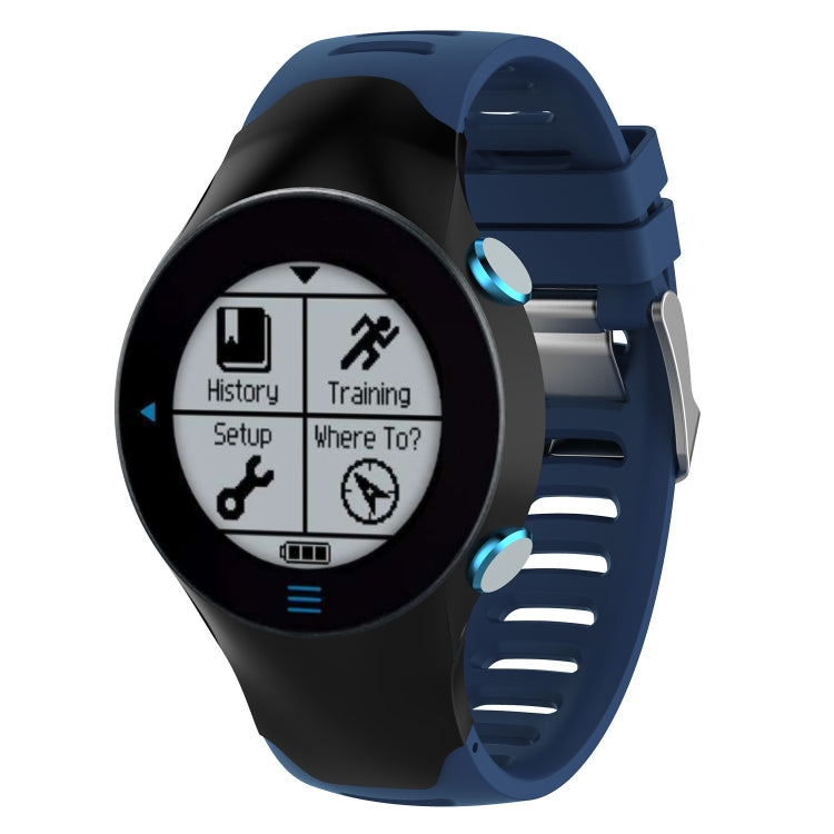Silicone watch band in dark blue with smartwatch face showing training features