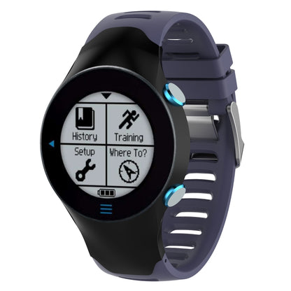 Silicone watch band in dark purple with smartwatch displaying training screens
