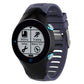 Silicone watch band in dark purple with round smartwatch face and activity icons