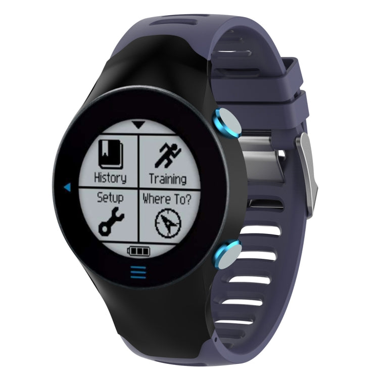 Silicone watch band in dark purple with round smartwatch face and activity icons
