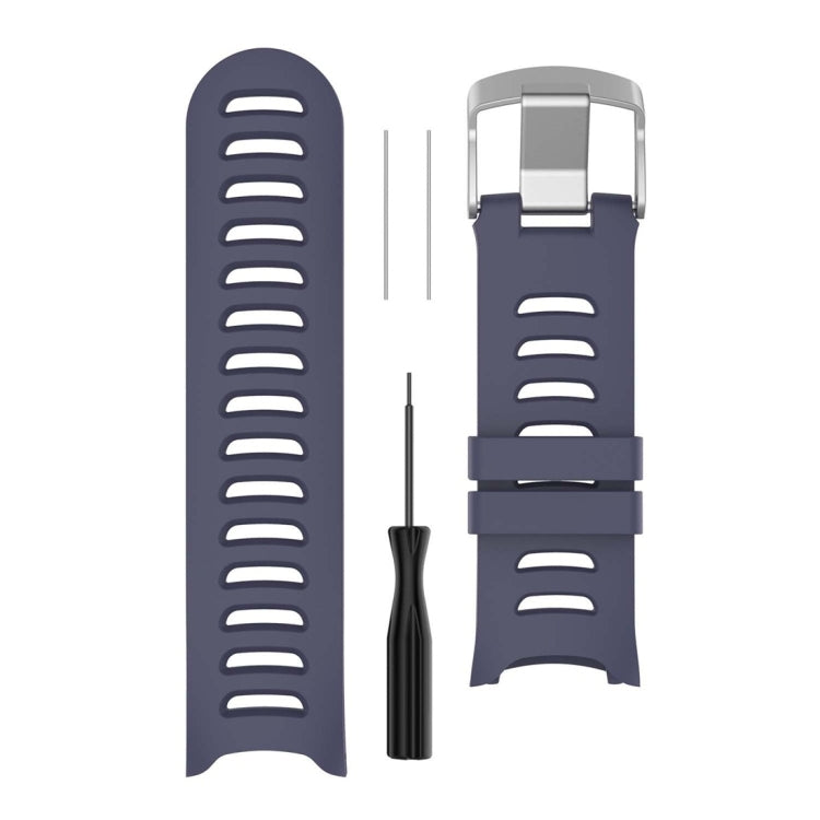 Dark blue silicone watch band with metal buckle and spare strap piece