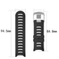 Black silicone watch strap with buckle, size diagram with strap length markers