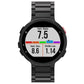 Black smart watch band with metal links, shown with a digital fitness face