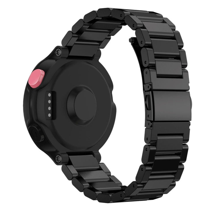 Dark steel smart watch band with three-link bezel design and pink button detail