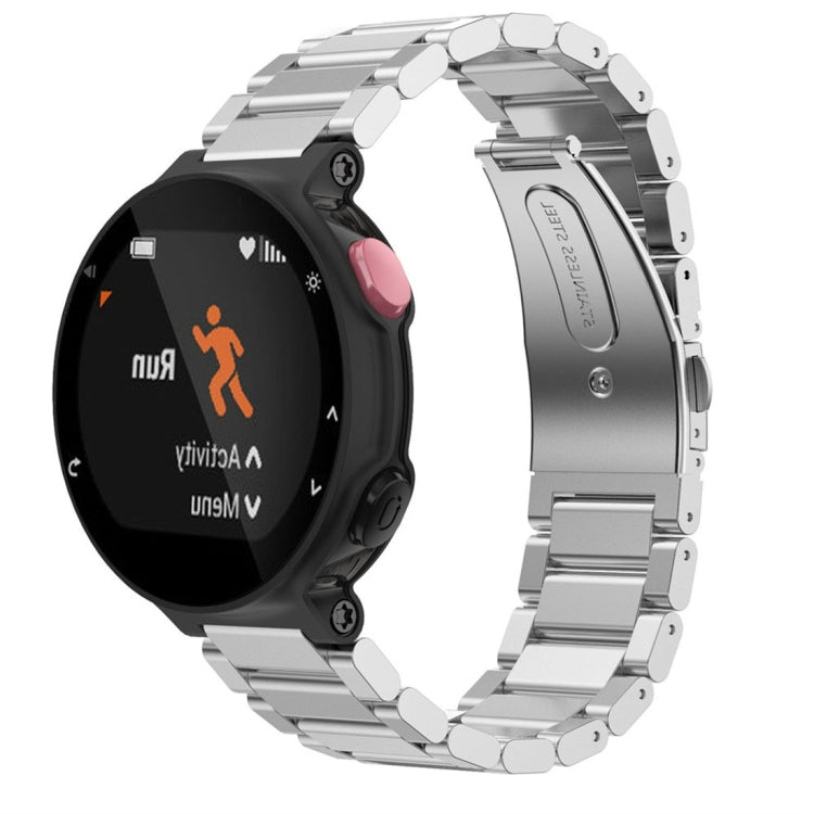 Silver-tone steel smart watch band with three-link metal strap and black watch face