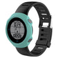 Teal silicone protective case with black watch band, fitted over a smartwatch