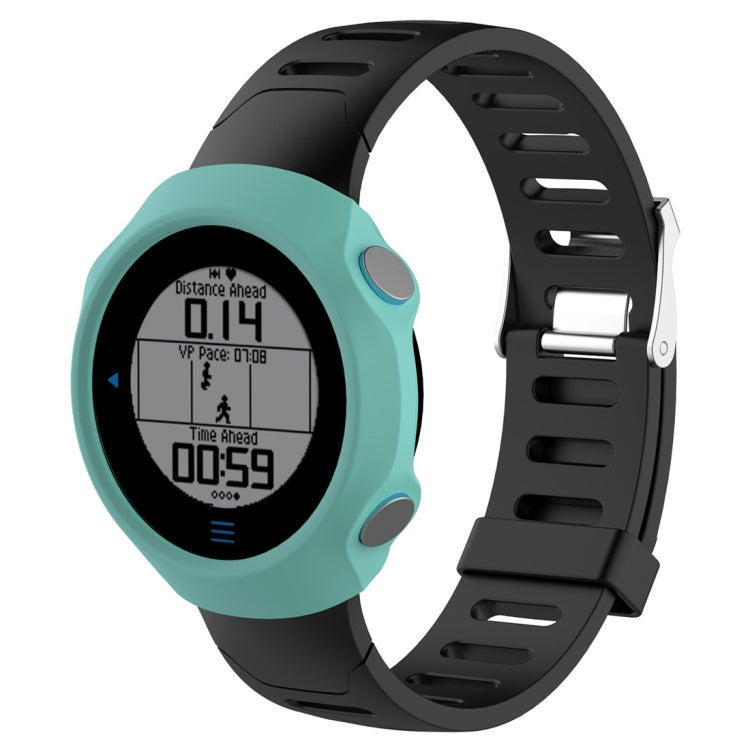 Teal silicone protective case with black watch band, fitted over a smartwatch
