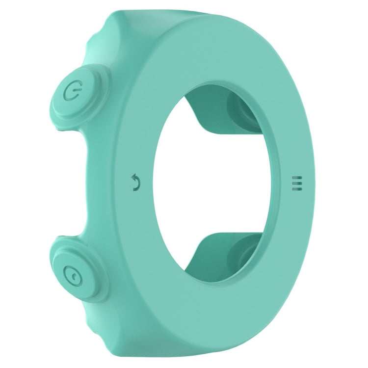 Silicone protective case for Garmin Forerunner 620, turquoise side view with button cutouts