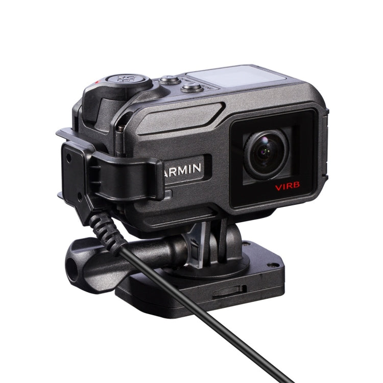 Black action camera with charging/data cable connected to the side port