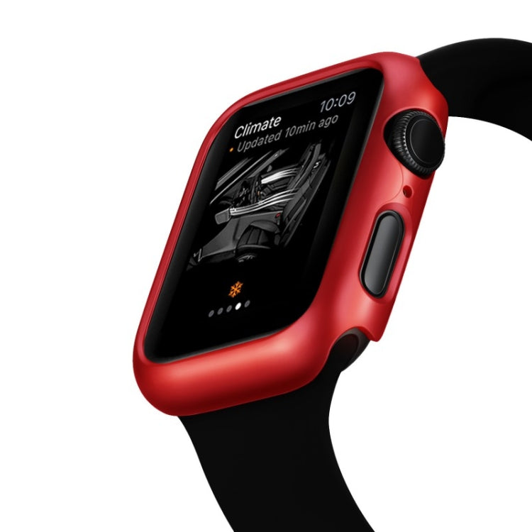 Red protective PC watch case cover for Apple Watch 40mm, angled front on black band