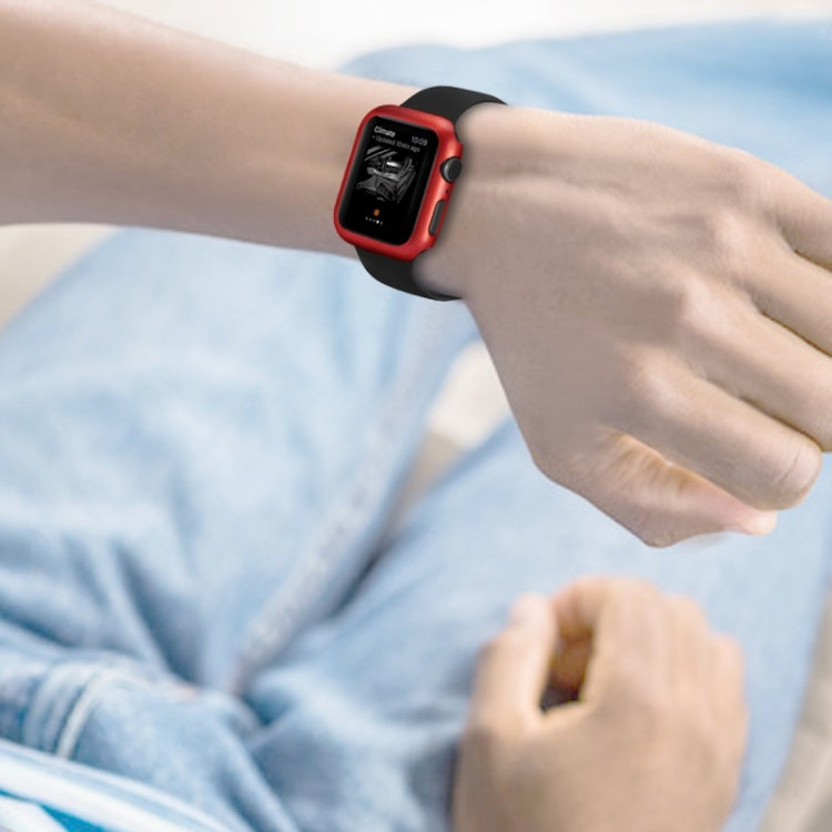 Red protective PC watch case cover on wrist, Apple Watch 40mm with black band