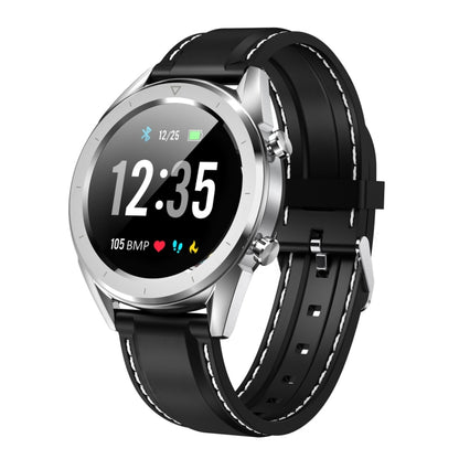 Round smartwatch with black silicone strap, metallic silver case, black time display