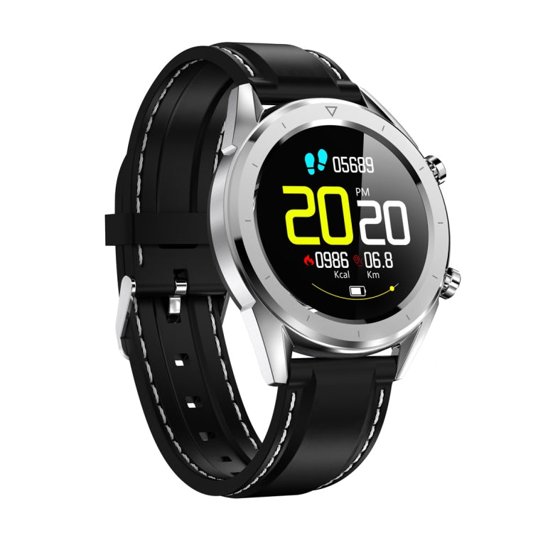 Round smartwatch with black silicone strap, metallic silver bezel, colorful 20:20 display
