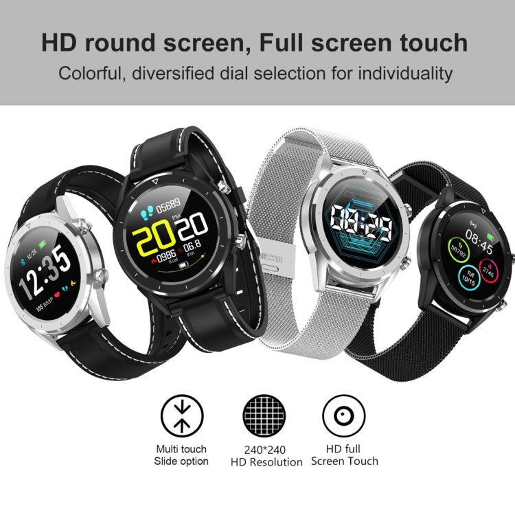 Set of round smartwatches with black and silver bands, colorful round screens