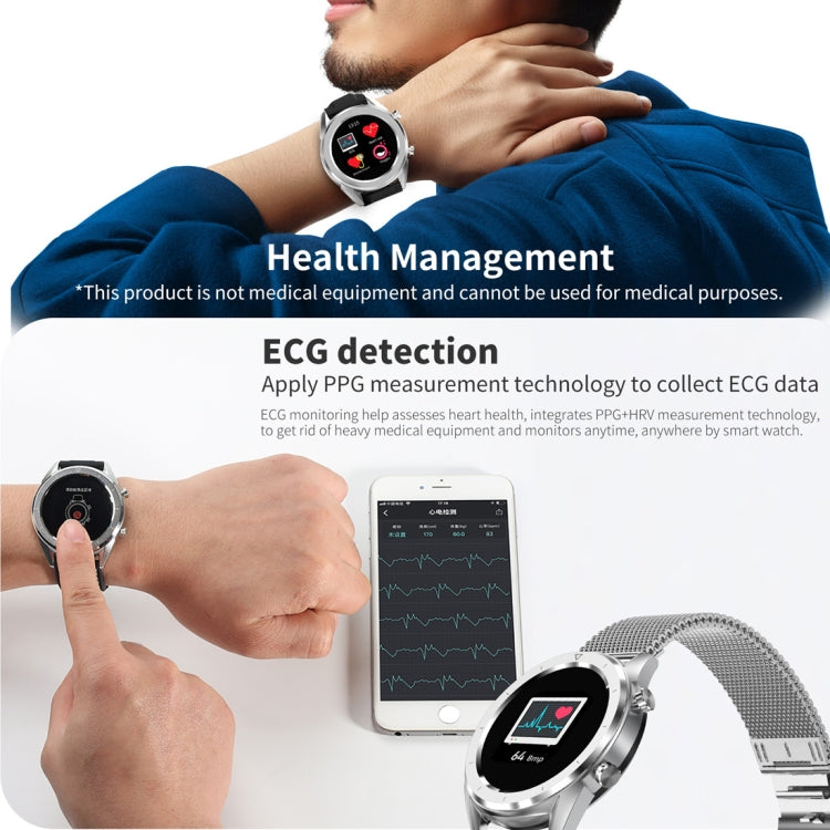 Round smartwatch on wrist with silver case, black strap, red ECG-style display