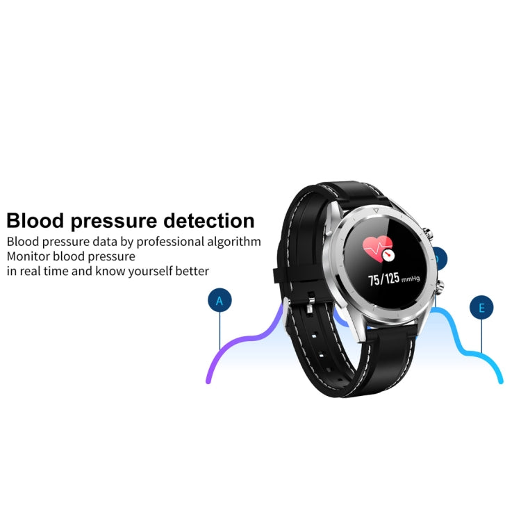 Round smartwatch with black silicone strap and silver case, heart icon and blood pressure reading