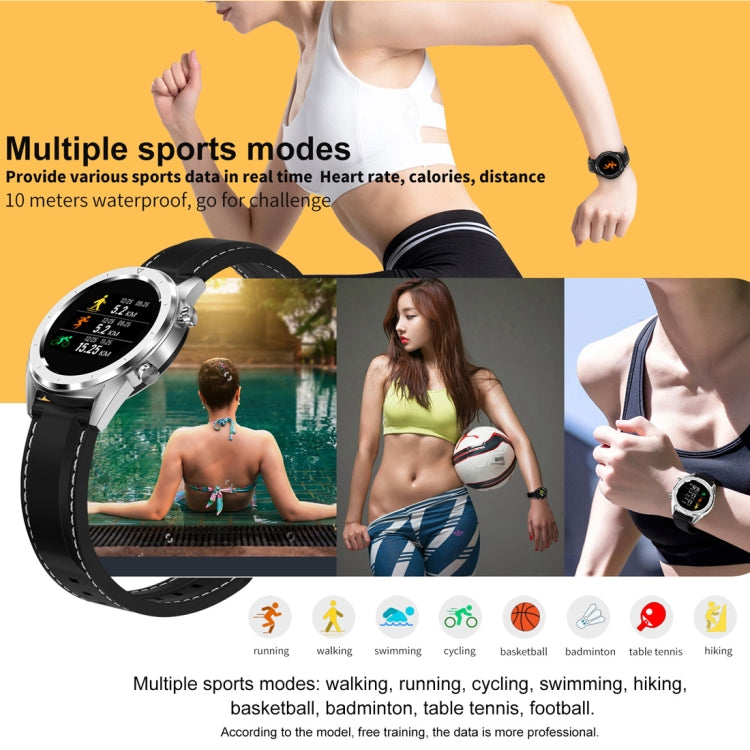 Round smartwatch with black silicone strap and silver case, sports and activity display