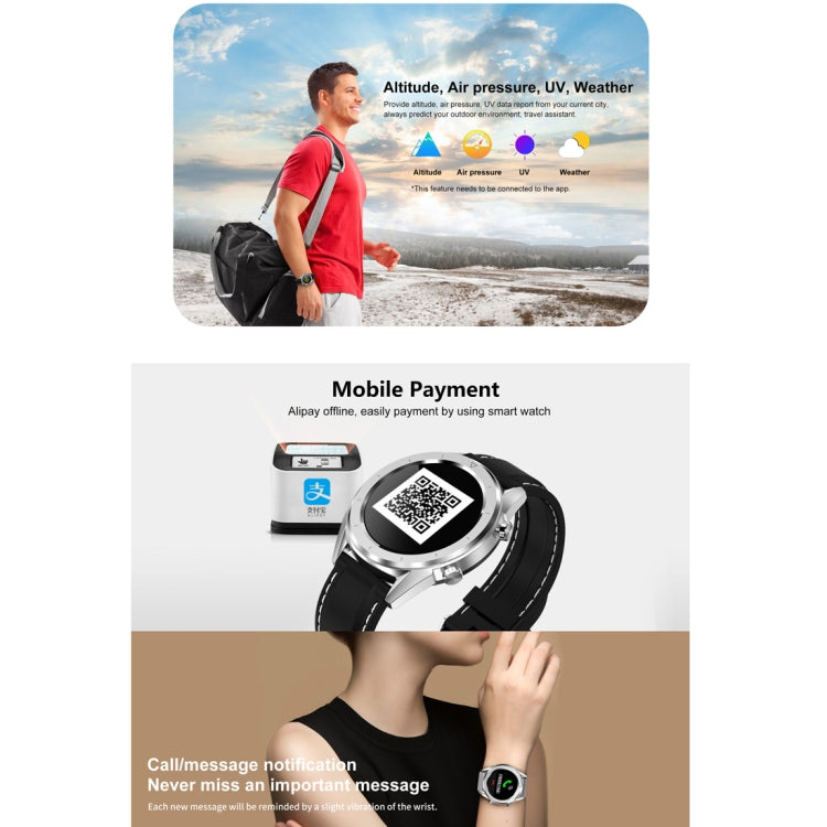 Round smartwatch with black silicone strap and silver case, QR payment display