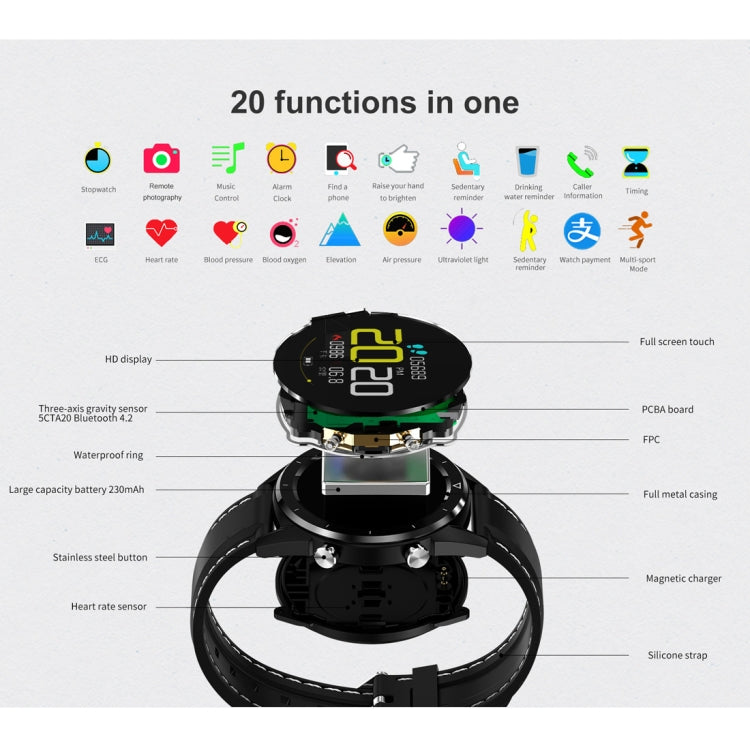 Round smartwatch shown in parts/diagram with black casing and touchscreen display