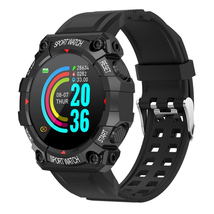 Black round sport smartwatch with colorful fitness display and silicone strap