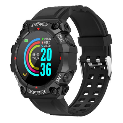 Black round sport smartwatch with colorful fitness display and silicone strap