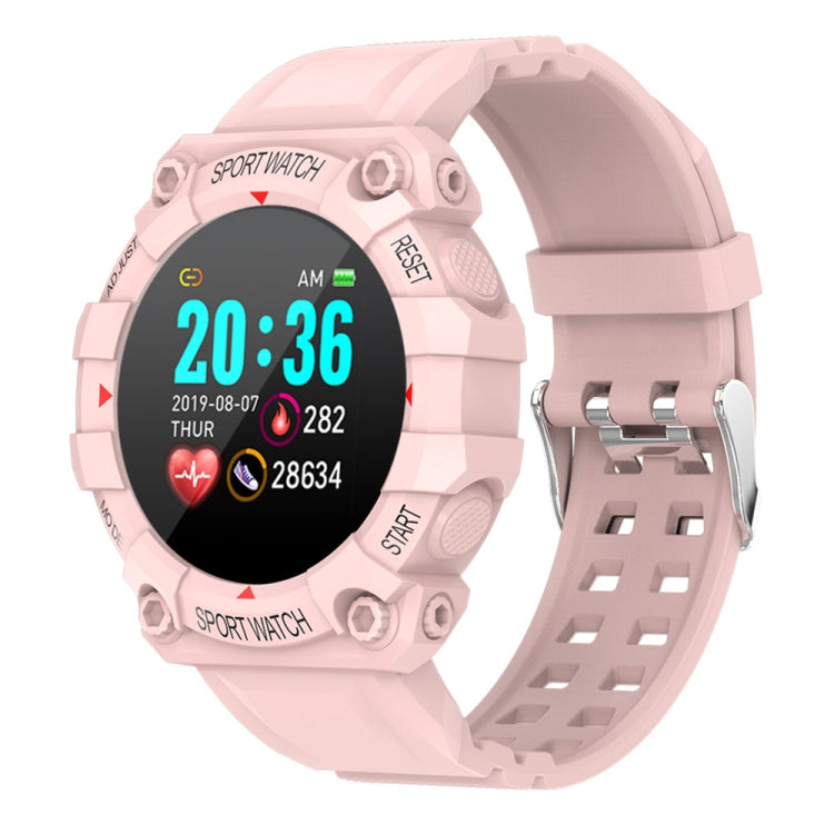 Pink round sport smartwatch with colorful fitness display and perforated silicone strap
