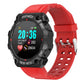 Red round sport smartwatch with colorful fitness display and perforated silicone strap