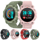 Round sport smartwatches in green, pink, red, and black with silicone bands