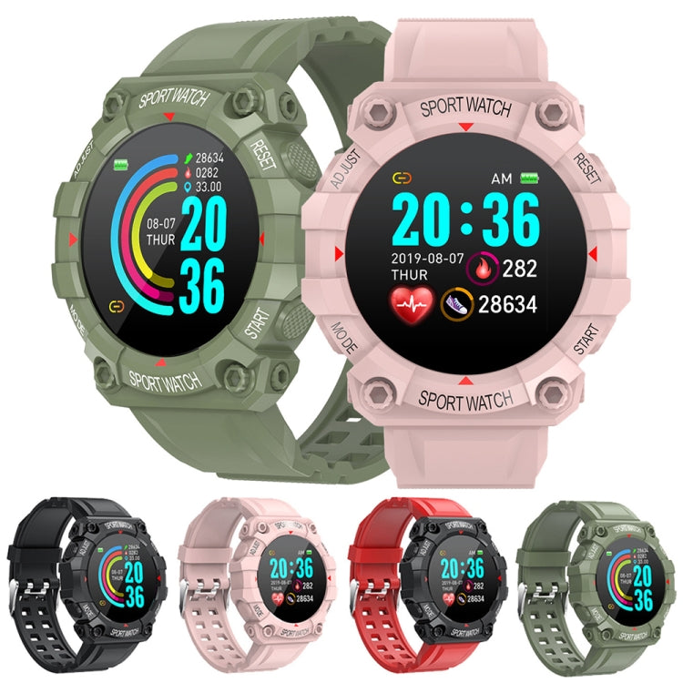 Round sport smartwatches in green, pink, red, and black with silicone bands