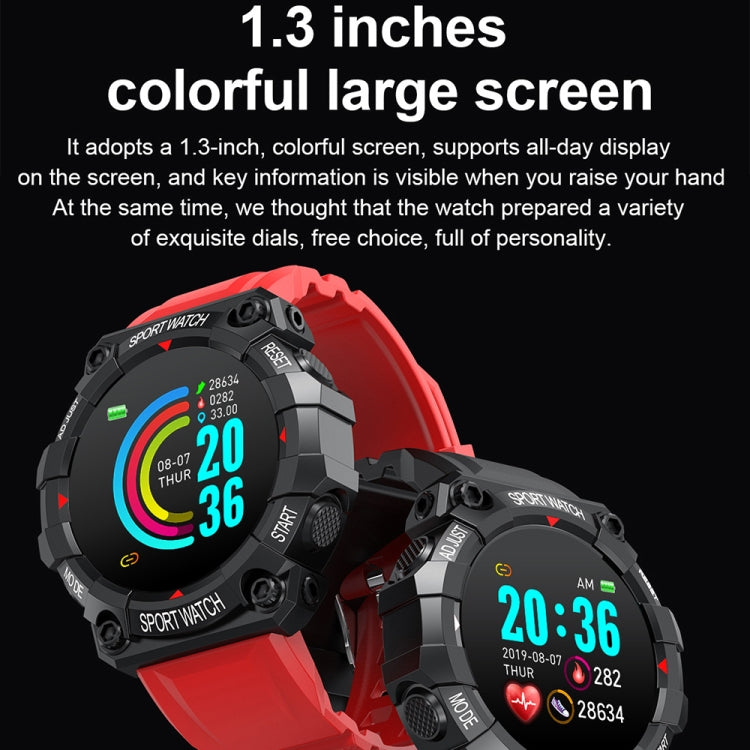 Black and red round sport smartwatch with large colorful screen and silicone band