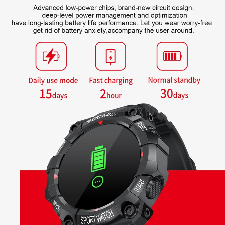 Black round sport smartwatch with colorful battery-style indicator on screen