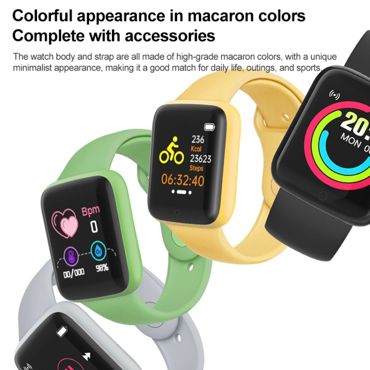 Macaron-color smart watches set: yellow, green, gray, and black with app displays