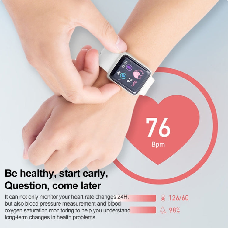 White-strap smart watch showing 76 bpm heart rate on a color screen