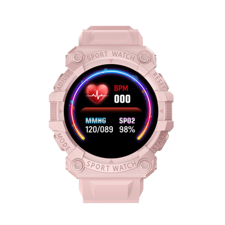 Pink sport smartwatch with round color screen showing heart rate and SpO2 readings