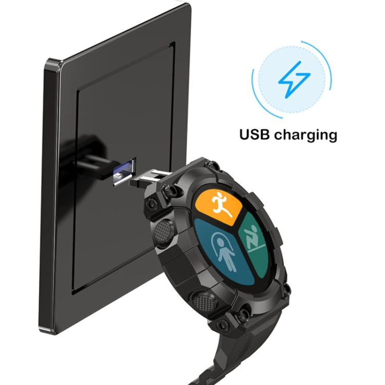 Black sport smartwatch with charging via USB connection illustrated next to the watch