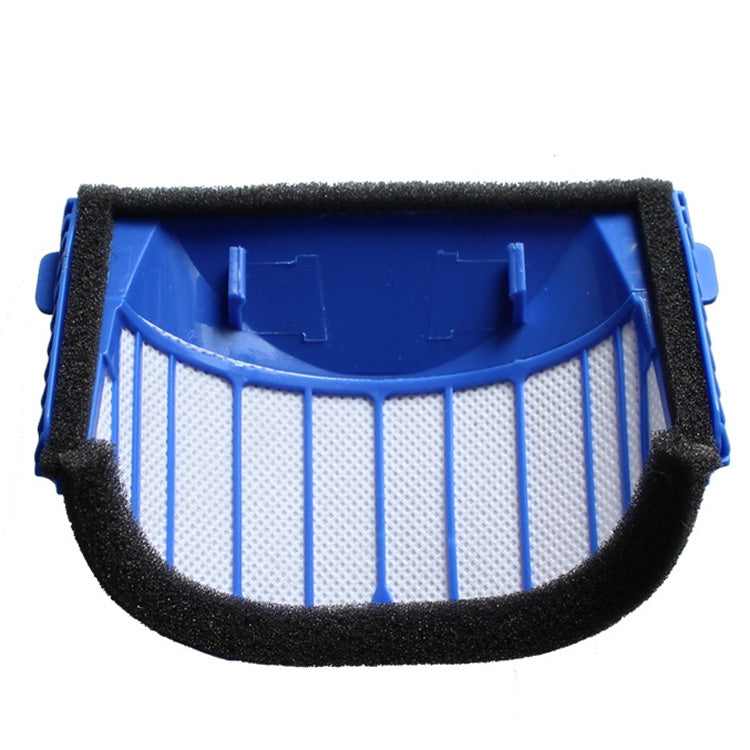 HEPA filter with white pleated insert, blue housing, and black foam seal