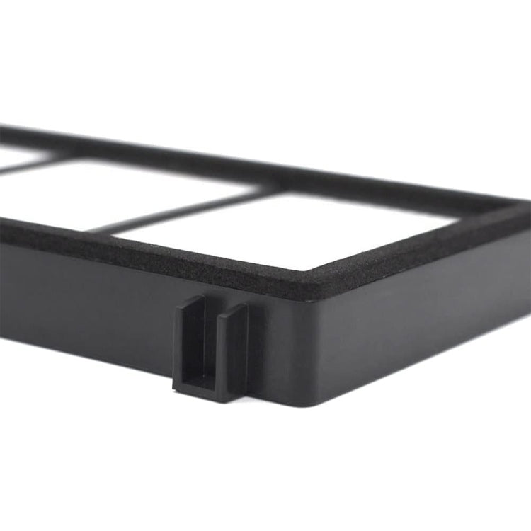 Corner view of a rectangular HEPA vacuum filter with black frame and mounting tabs