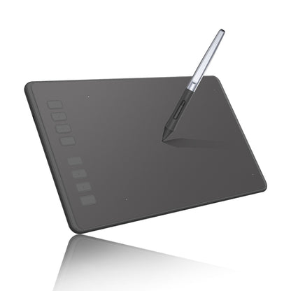 Dark gray graphics drawing tablet with shortcut buttons and silver battery-free pen