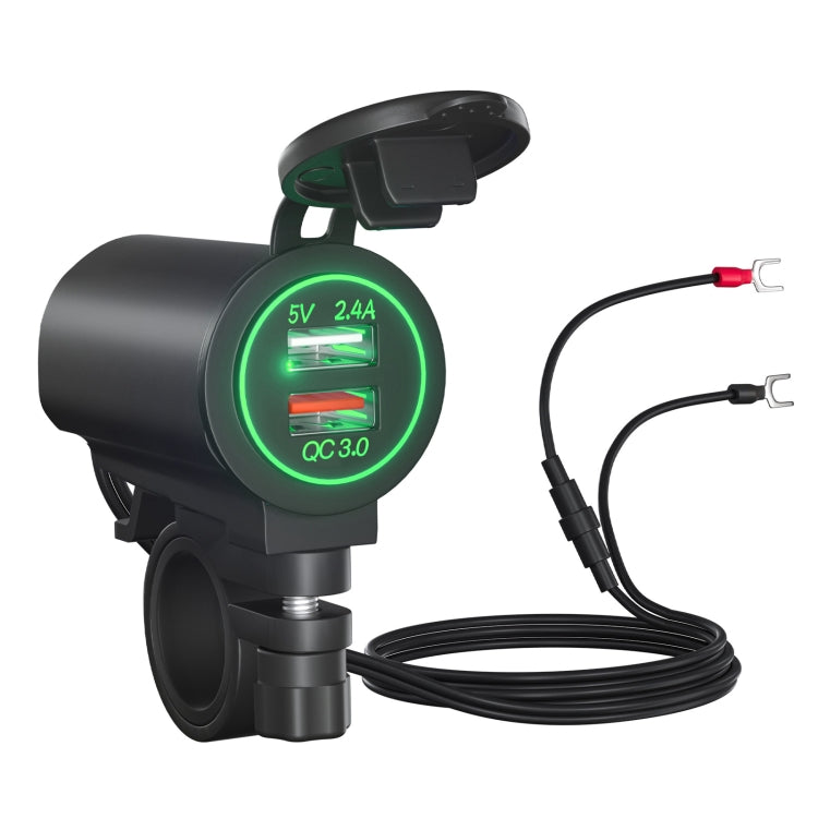QC3.0 dual USB car charger with green LED display and two charging ports