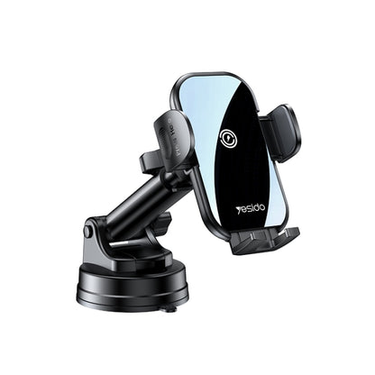 Black wireless car phone holder with suction mount and foldable phone cradle