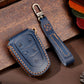 Blue 5-button car key leather protective case with keyring loop and orange stitching