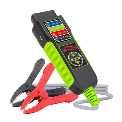 Handheld car battery analyzer with LCD screen and red/black battery clamps