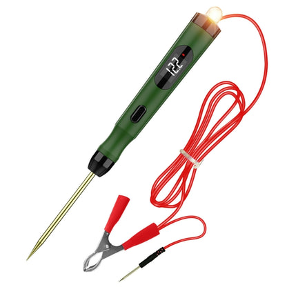 Green digital voltage tester probe with LCD window, red leads, and alligator clips