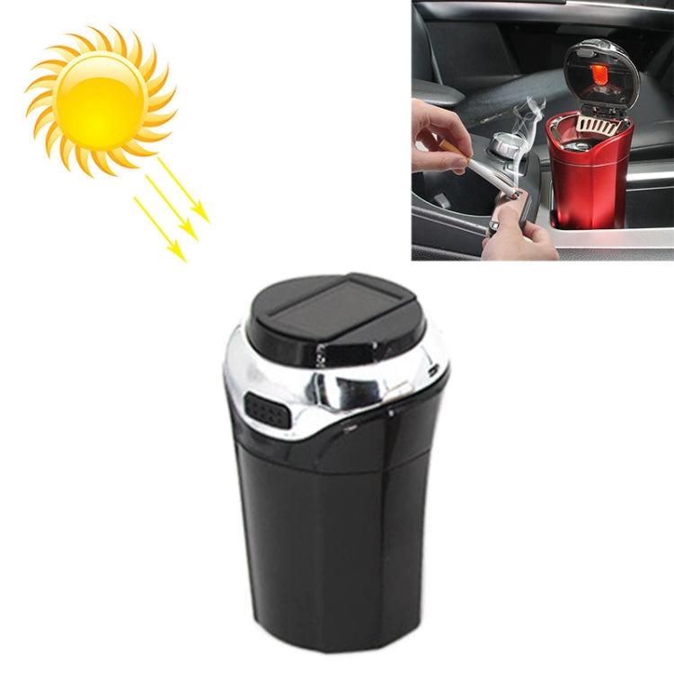 Black car ashtray with solar panel lid, LED light, and cigarette lighter