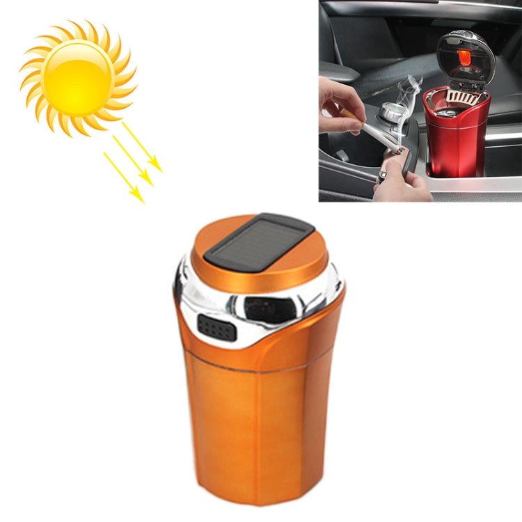 Orange car ashtray with solar panel lid, LED light, and cigarette lighter